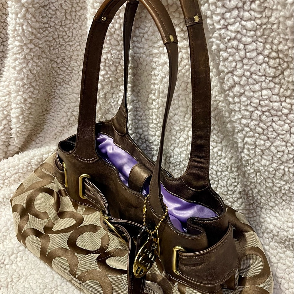 Coach Hobo Bronze Leather Signature Op Art Tote Bag With Hang Tags Y2K - Picture 6 of 16